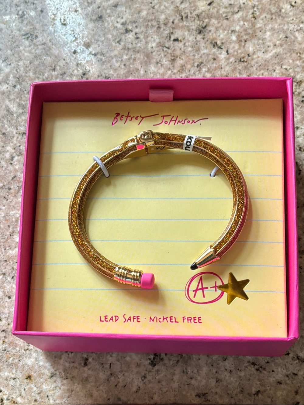 Betsey Johnson Gold Glitter Pencil Bangle Bracelet with Pink Eraser